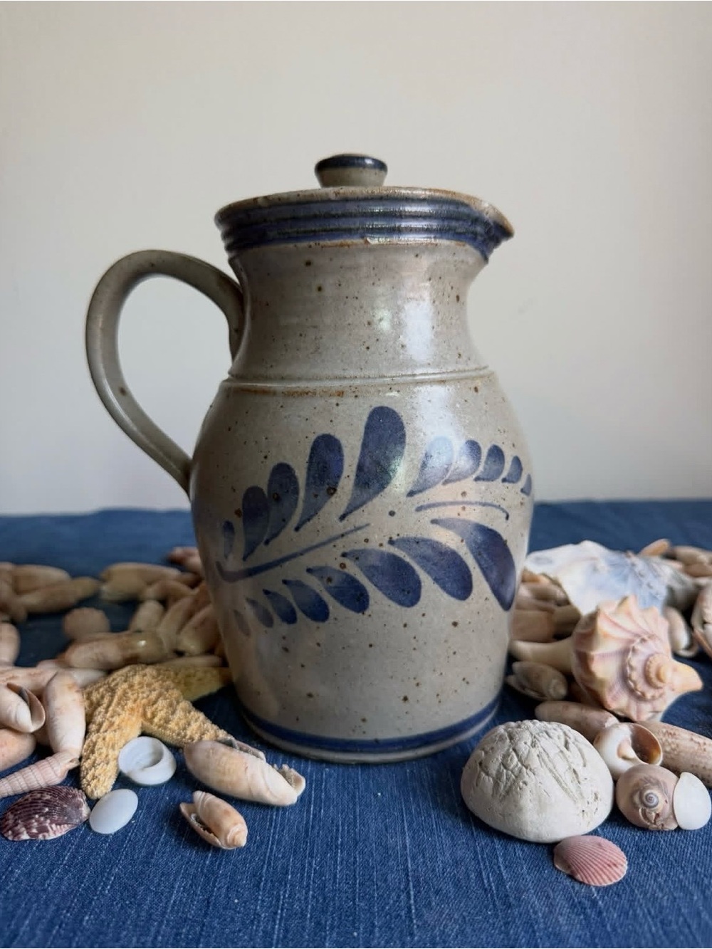 Handcrafted Blue Leaf Stoneware Pitcher - Blue